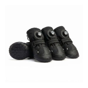 All-black stay-on dog shoes for active dogs featuring dual reflective ankle stitching and micro-adjustable dial closures.