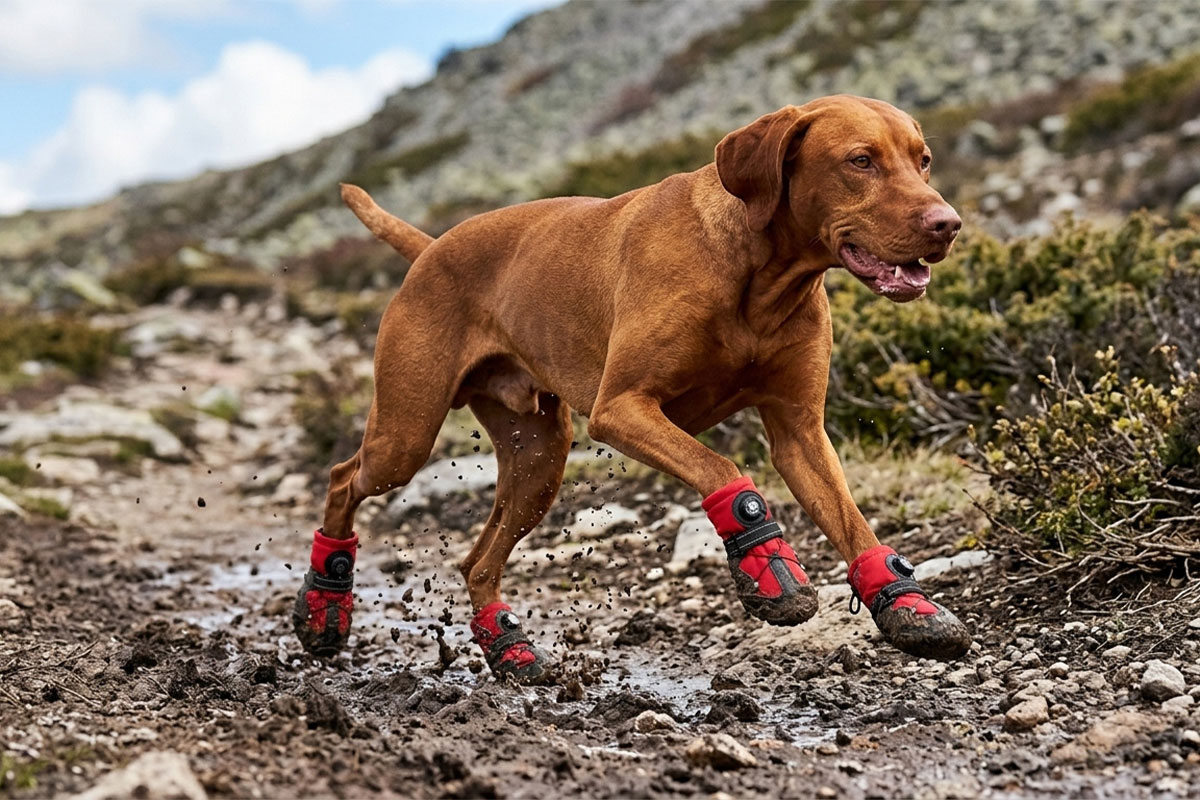 A brown Vizsla sprinting through a muddy mountain trail wearing red stay-on dog shoes for active dogs.