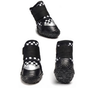 Retro Checker Stay-On Double-Strap Puppy Shoes Multi angle view of retro black checker stay-on double-strap puppy shoes emphasizing the black diamond tread outsoles.