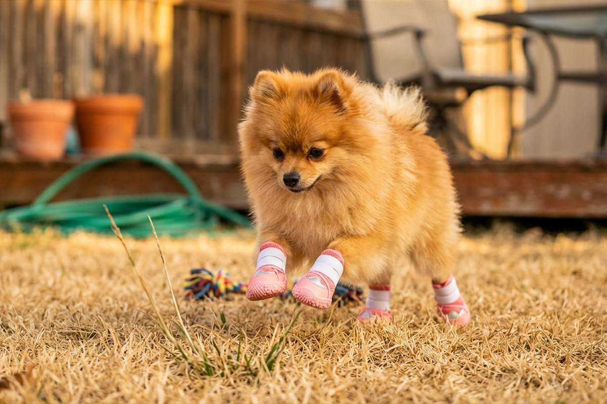 A fluffy orange Pomeranian leaping high in a dry grassy yard wearing cute pink stay-on double-strap puppy shoes.