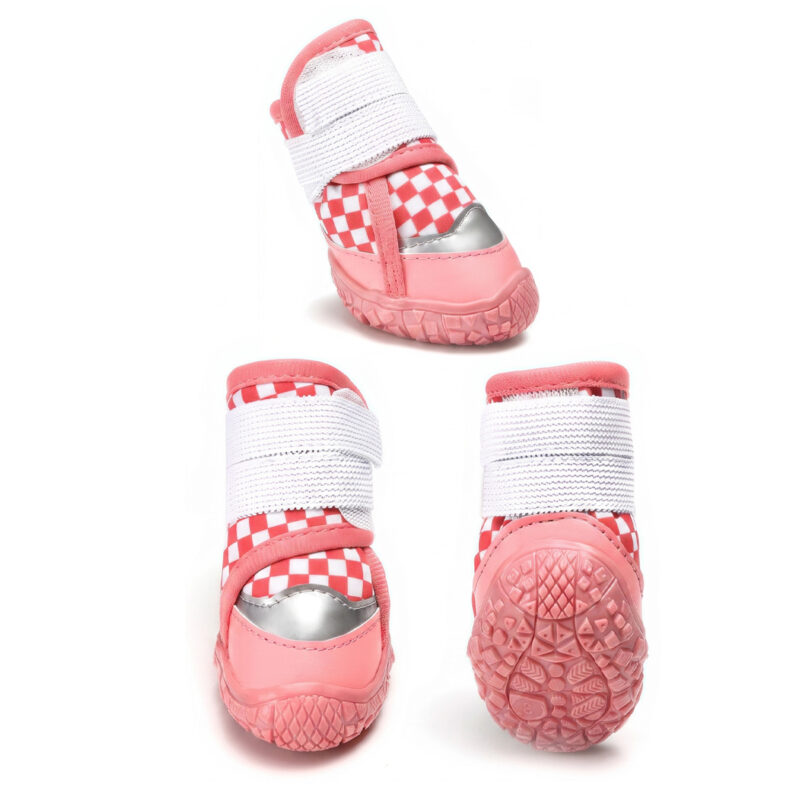 Red Checker Stay-On Double-Strap Puppy Shoes Front and side angle views of a red checker stay-on double-strap puppy shoes set highlighting the pink outsoles.