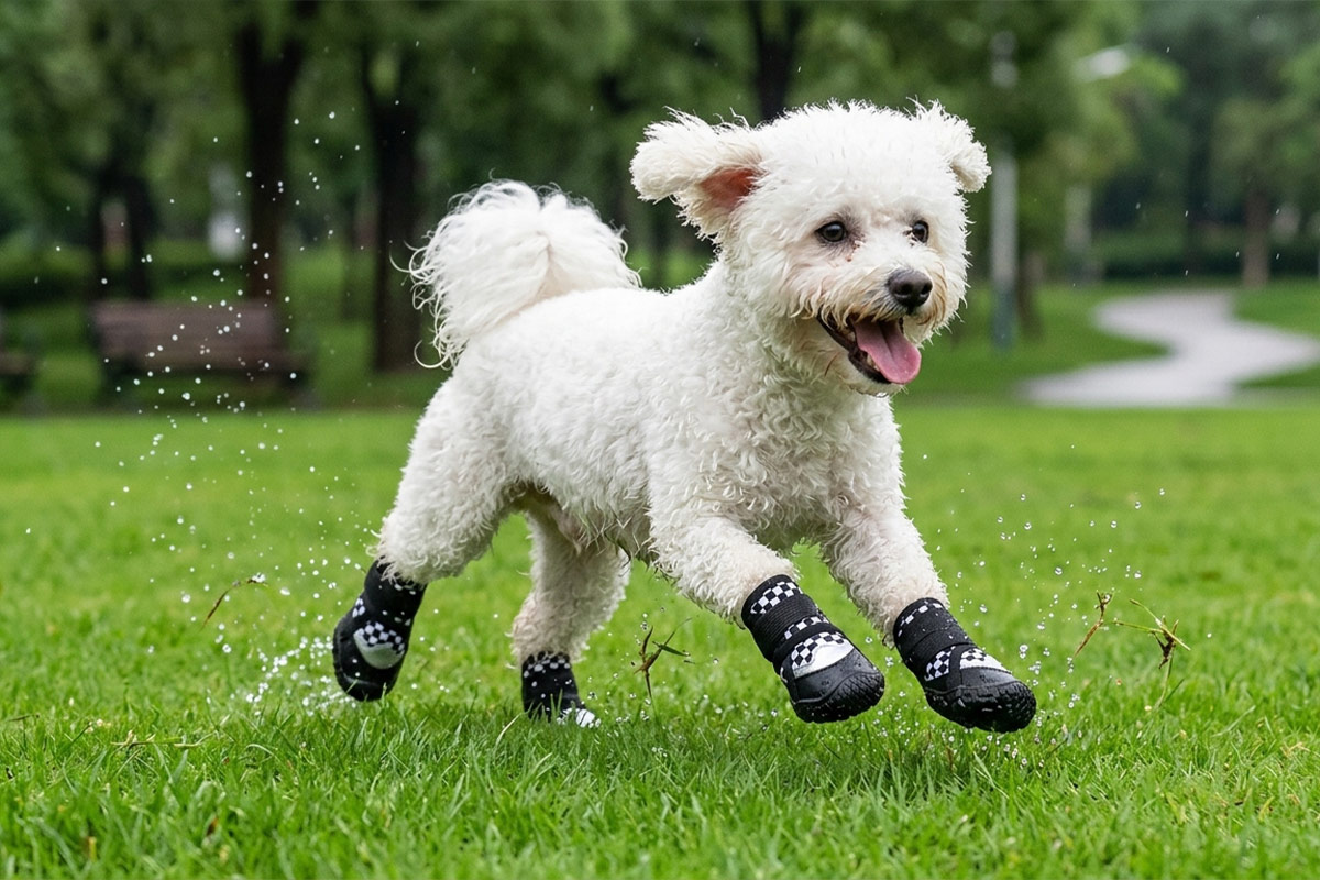 A white Bichon Frise dog running fast over lush wet park grass wearing retro black checker printed puppy shoes.