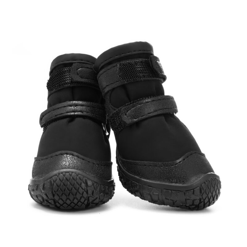 Black Stay-On Double Velcro Dog Shoes Pair View Front and side angle look at a pair of stealth black stay-on double velcro dog shoes with closed straps.