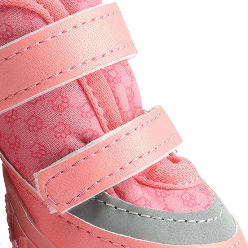 Close up look at the pink leather mudguard panel and parallel double-Velcro-straps on stay-on dog booties.