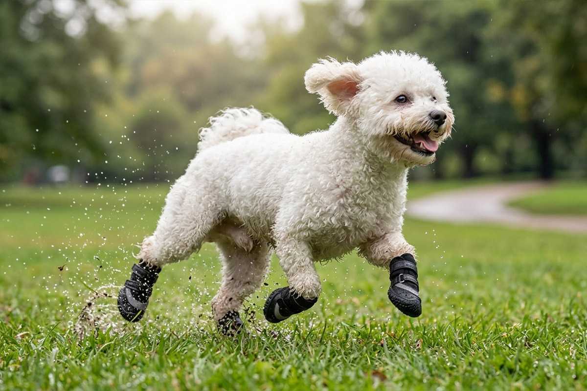 A curly black Poodle galloping forward on a wet muddy trail wearing stealth black stay-on double velcro dog shoes.