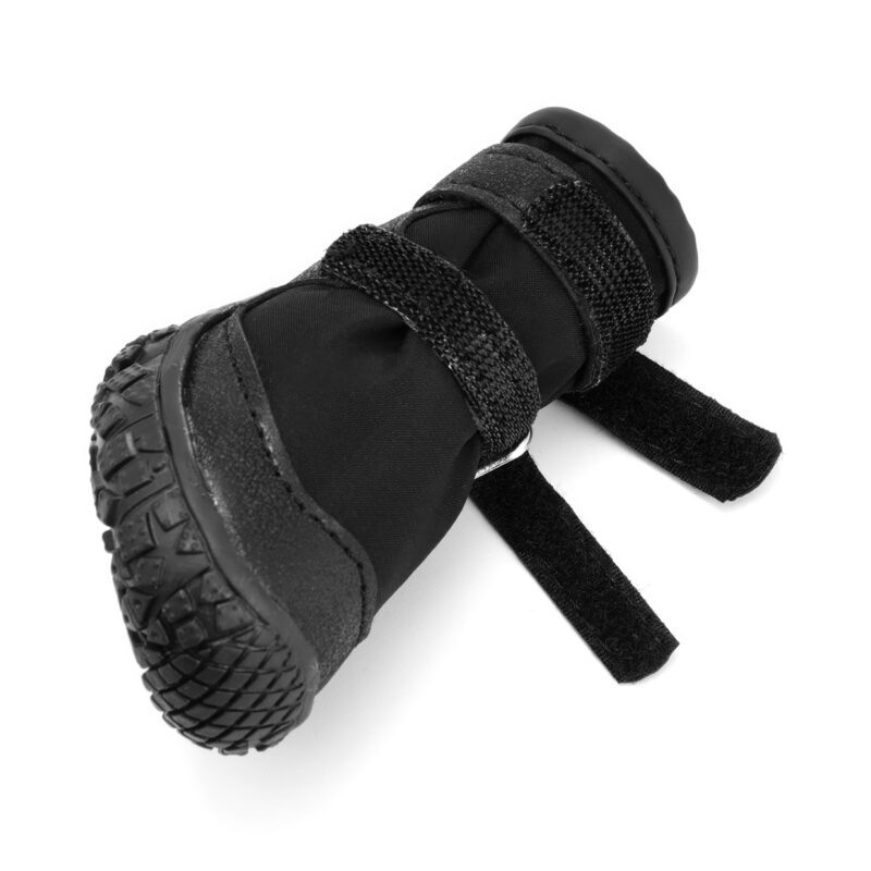 Extended Parallel Double-Velcro-Strap Closure Layout Side view of black stay-on double velcro dog shoes with parallel hook and loop straps extended wide.