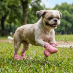 A small tan and white Shih Tzu dog leaping fast over wet green park grass wearing blush pink waterproof puppy shoes.