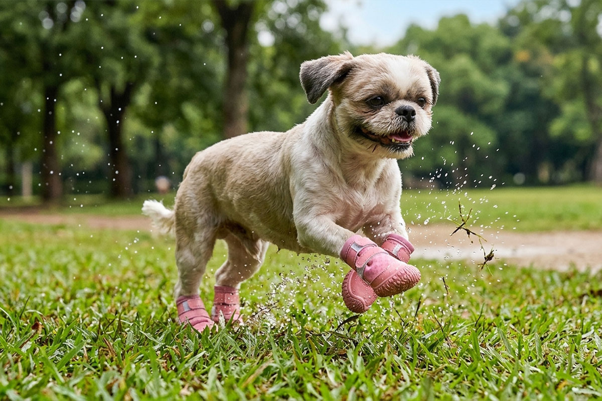 A small tan and white Shih Tzu dog leaping fast over wet green park grass wearing blush pink waterproof puppy shoes.