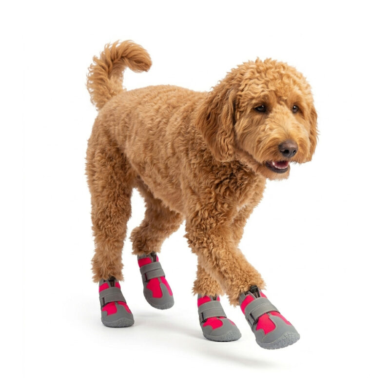 Pink Stay-On Drawstring Shoes on Doodle A fluffy Goldendoodle pacing forward wearing fuchsia pink stay-on drawstring shoes for dogs with tall ankle sleeves.