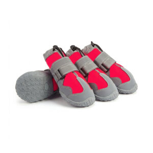 Red Stay-On Drawstring Shoes for Dogs Trio Pomegranate red stay-on drawstring shoes for dogs highlighting top cord lock toggles and double reflective grey straps.