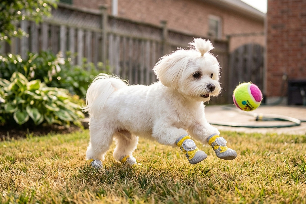 A small white Maltese dog jumping to catch a tennis ball on backyard grass wearing yellow stay-on mesh dog shoes.