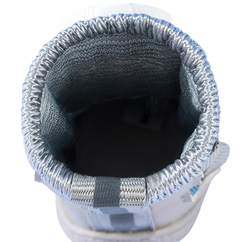 Top-down look inside a blue dial system dog shoe illustrating the extra wide opening split collar and smooth knit lining.