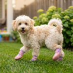 A small cream Poodle jogging across backyard grass wearing pink water resistant sports dog shoes with double bands.