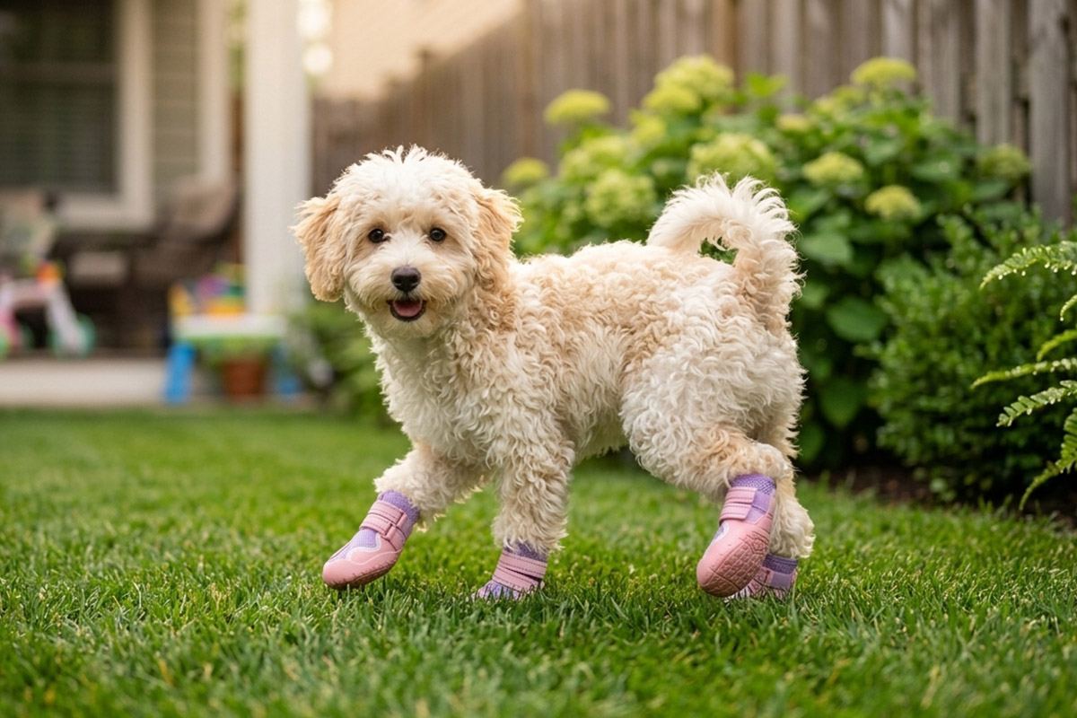 A small cream Poodle jogging across backyard grass wearing pink water resistant sports dog shoes with double bands.