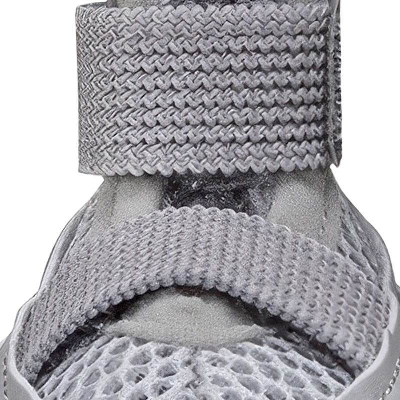 Close view detailing the layered gray adjustable hook and loop strap configuration on stay-on summer shoes for dogs.