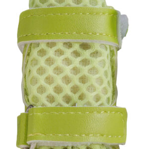 Close up look at the neon lime double adjustable velcro straps wrapping the entry cuff on stay-on summer shoes for dogs.