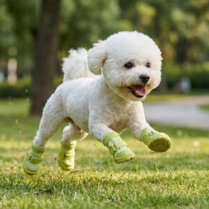 A fluffy white Bichon Frise dog running fast across a green yard lawn wearing neon lime stay-on summer shoes for dogs.
