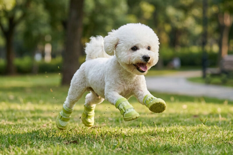 A fluffy white Bichon Frise dog running fast across a green yard lawn wearing neon lime stay-on summer shoes for dogs.