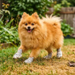 A fluffy orange Pomeranian dog trotting through a backyard garden wearing gray stay-on summer shoes for dogs.