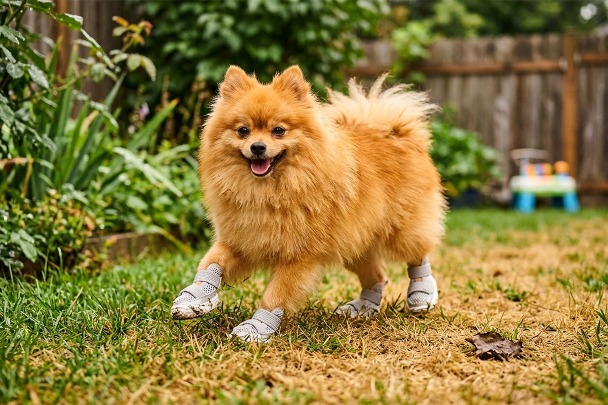 A fluffy orange Pomeranian dog trotting through a backyard garden wearing gray stay-on summer shoes for dogs.