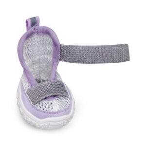 Adjustable Microfiber Velcro Fastener Detail Open-collar view of purple stay-on summer shoes for dogs showcasing the extended microfiber leather velcro band path.