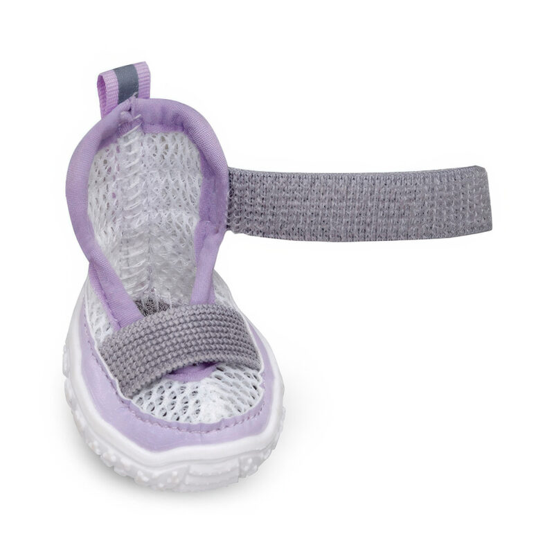 Adjustable Microfiber Velcro Fastener Detail Open-collar view of purple stay-on summer shoes for dogs showcasing the extended microfiber leather velcro band path.