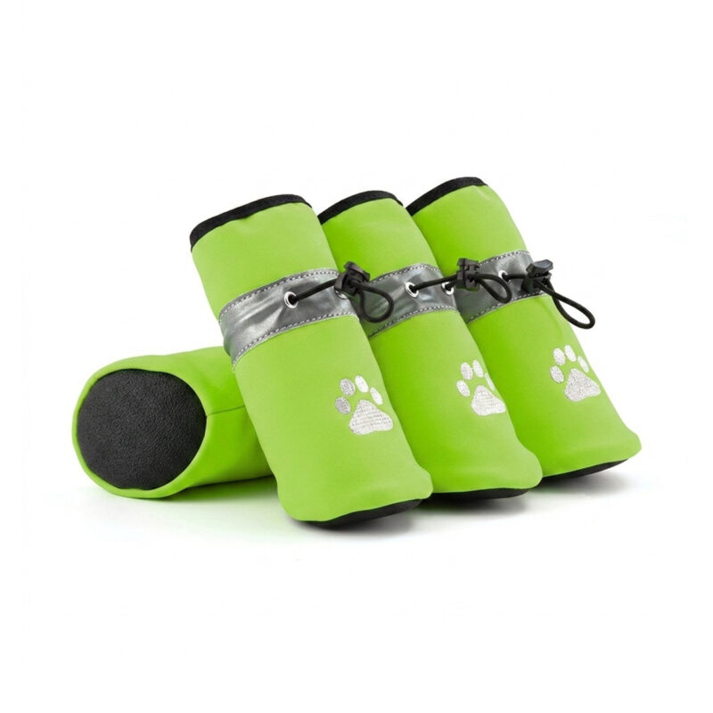 Lime green stay-on winter shoes for small dogs displaying soft-woven fleece outer and adjustable elastic toggle locks.
