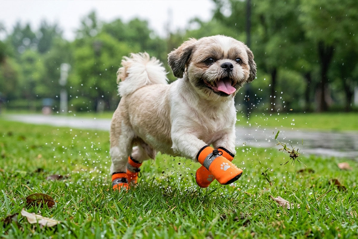 A small Shih Tzu dog sprinting dynamically across wet grass wearing fruit orange stay-on winter shoes for small dogs.