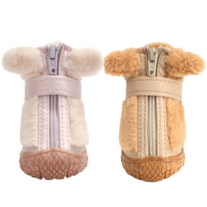 Rear profile comparison of pink and tan stay-on zipper puppy shoes showcasing vertical leather panels and plush collars.