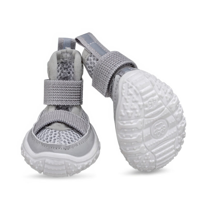 Gray Thick Rubber Gum Sole Tread Profile Front and underneath profile of gray thick rubber gum sole paw protectors showing non-slip star tread patterns.