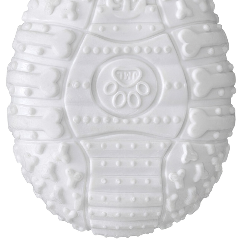 Macro view focusing on the textured anti slip bone and paw geometric tread lines of thick rubber gum sole paw protectors.