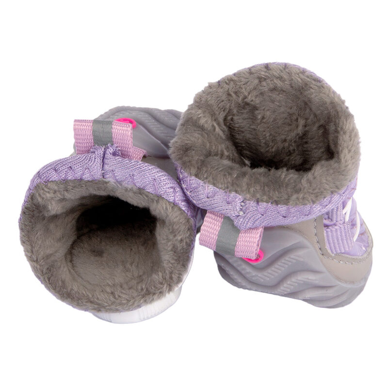 Warm Fleece Lining and Open Collar View Top-down look inside taro purple warm plush lined paw protectors highlighting the thick grey fleece internal footbed.