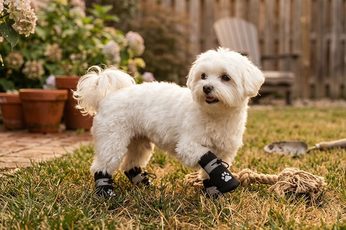 A small white Maltese dog standing on backyard grass wearing obsidian black winter water-resistant fleece dog shoes.