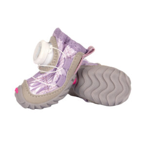 Taro Purple Water Resistant Dog Shoes Sole Profile Side view next to the underfoot traction tread grid of taro purple water resistant leather dog shoes with grey wave soles.