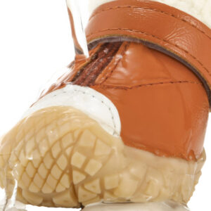 Running water cascading off the oil PU leather upper of water resistant leather dog shoes during a splash block test.