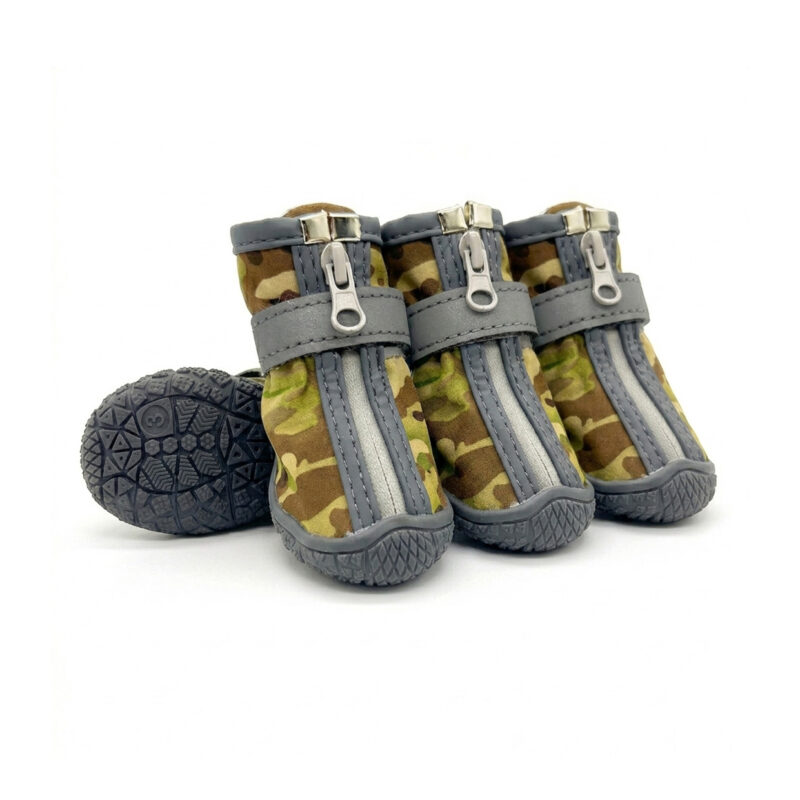 Camo Water-Resistant Outdoor Small Dog Shoes Camouflage water-resistant outdoor shoes for small dogs showcasing full open front zippers and rugged black toe wraps.
