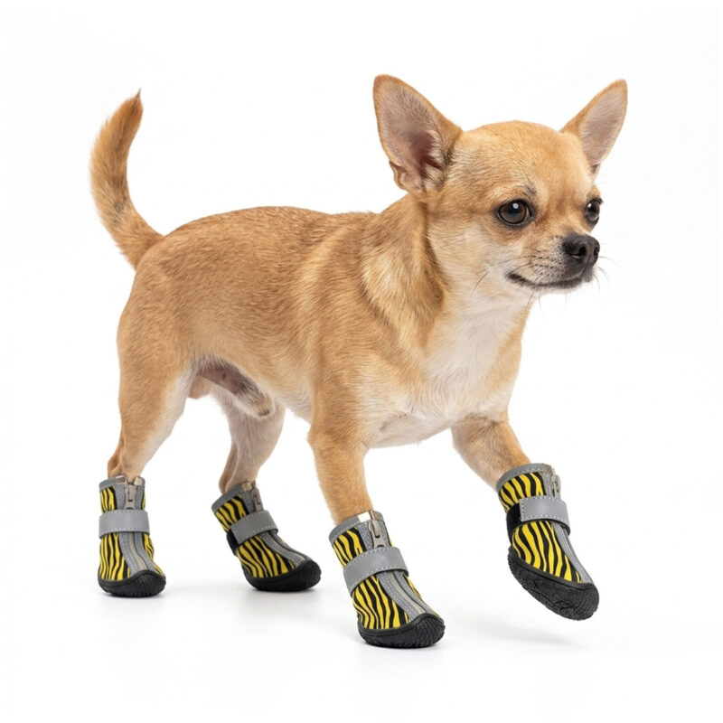 Water-Resistant Outdoor Shoes for Small Dogs A tan Chihuahua stepping forward wearing yellow tiger stripe water-resistant outdoor shoes for small dogs.