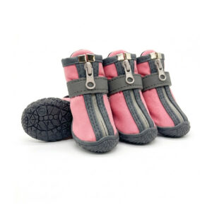 Pink Water-Resistant Outdoor Small Dog Shoes Pink water-resistant outdoor shoes for small dogs displaying flexible black rubber outsoles and reflective ankle straps.