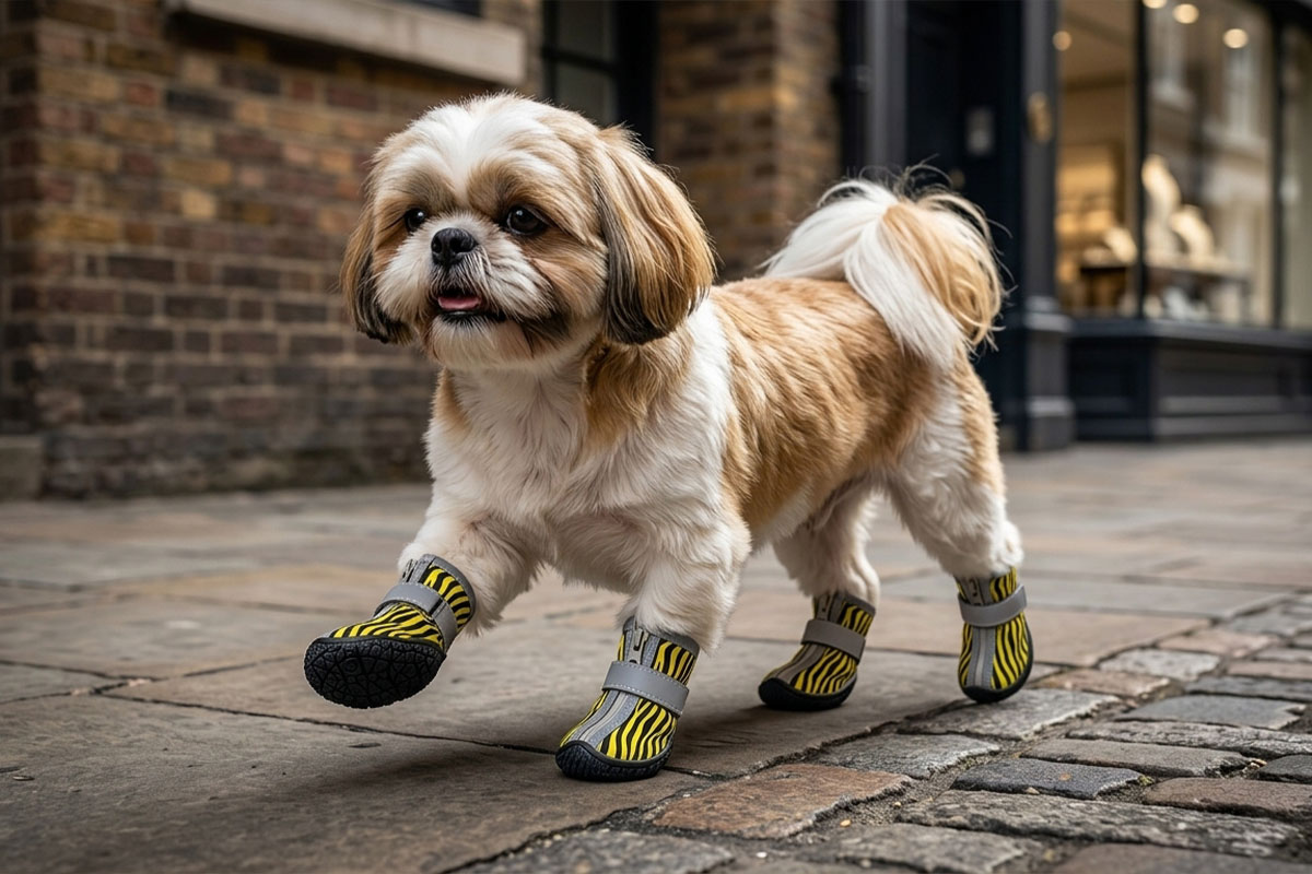 A Shih Tzu dog walking confidently along an urban stone pavement sidewalk wearing yellow tiger stripe water-resistant outdoor shoes for small dogs.