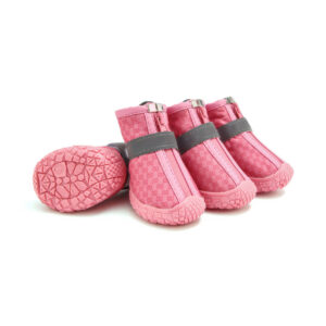 Blush Pink Water-Resistant Small Dog Shoes Set Blush pink water-resistant small dog shoes featuring monogram print panels, pink front zippers, and reflective wraps.