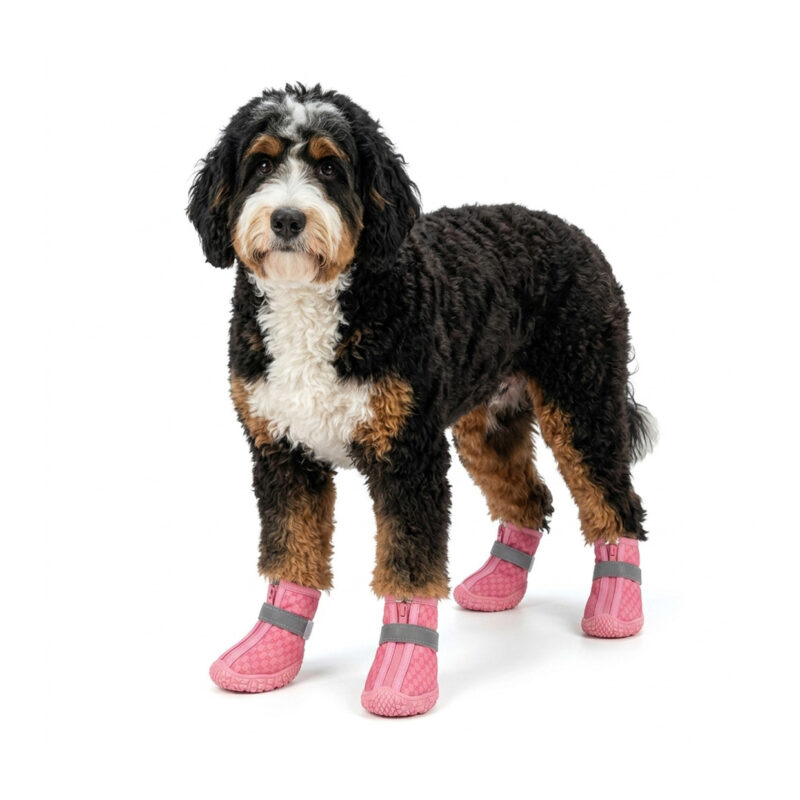 Blush Pink Water-Resistant Small Dog Shoes A tri-color Bernedoodle dog standing while wearing monogram blush pink water-resistant small dog shoes.