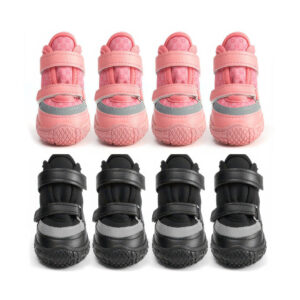 Front view comparison of blush pink and stealth black water-resistant small dog shoes highlighting grey reflective silver panels.