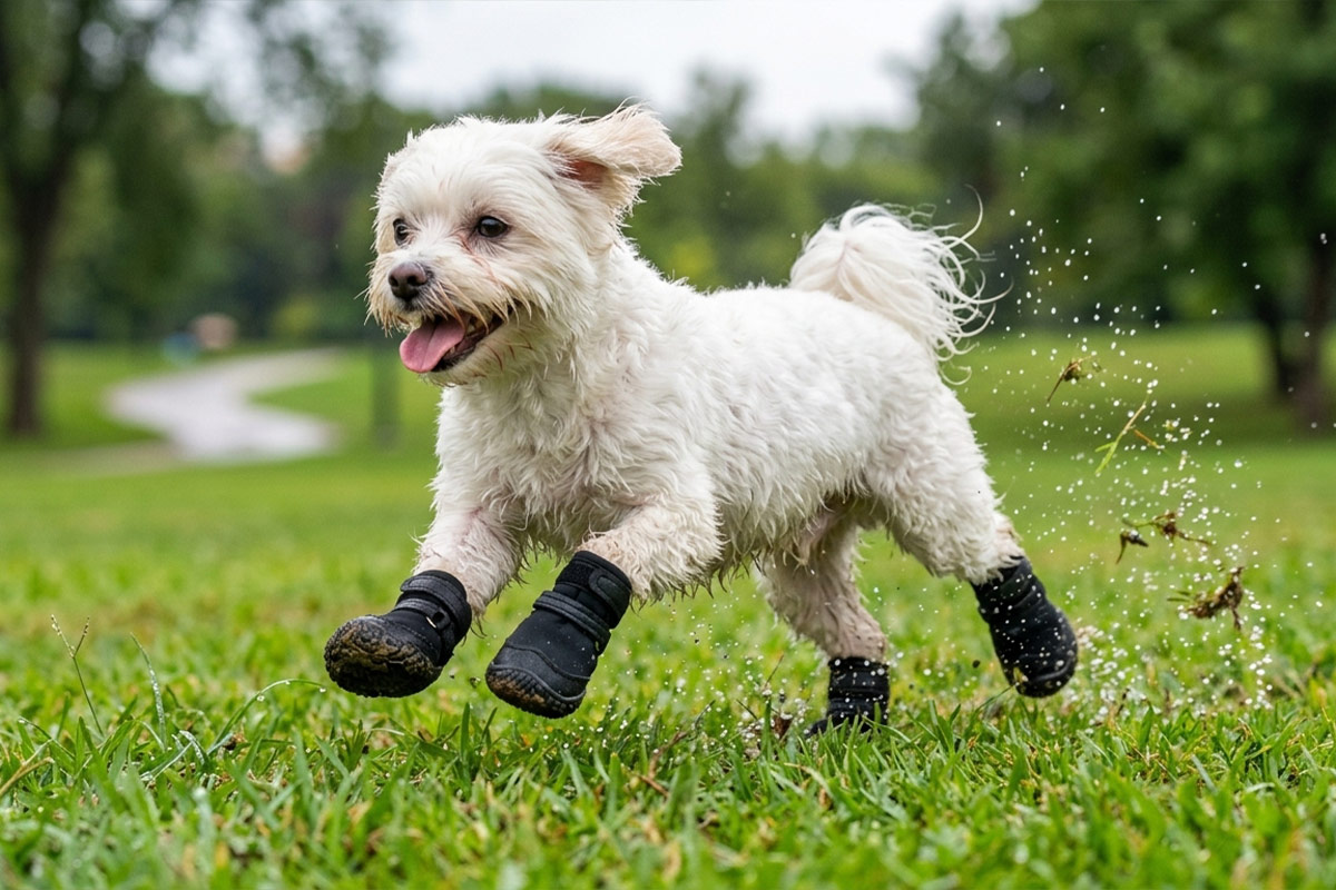 A small white Maltese dog running happily through rain water drops on lawn grass wearing stealth black dog boots.