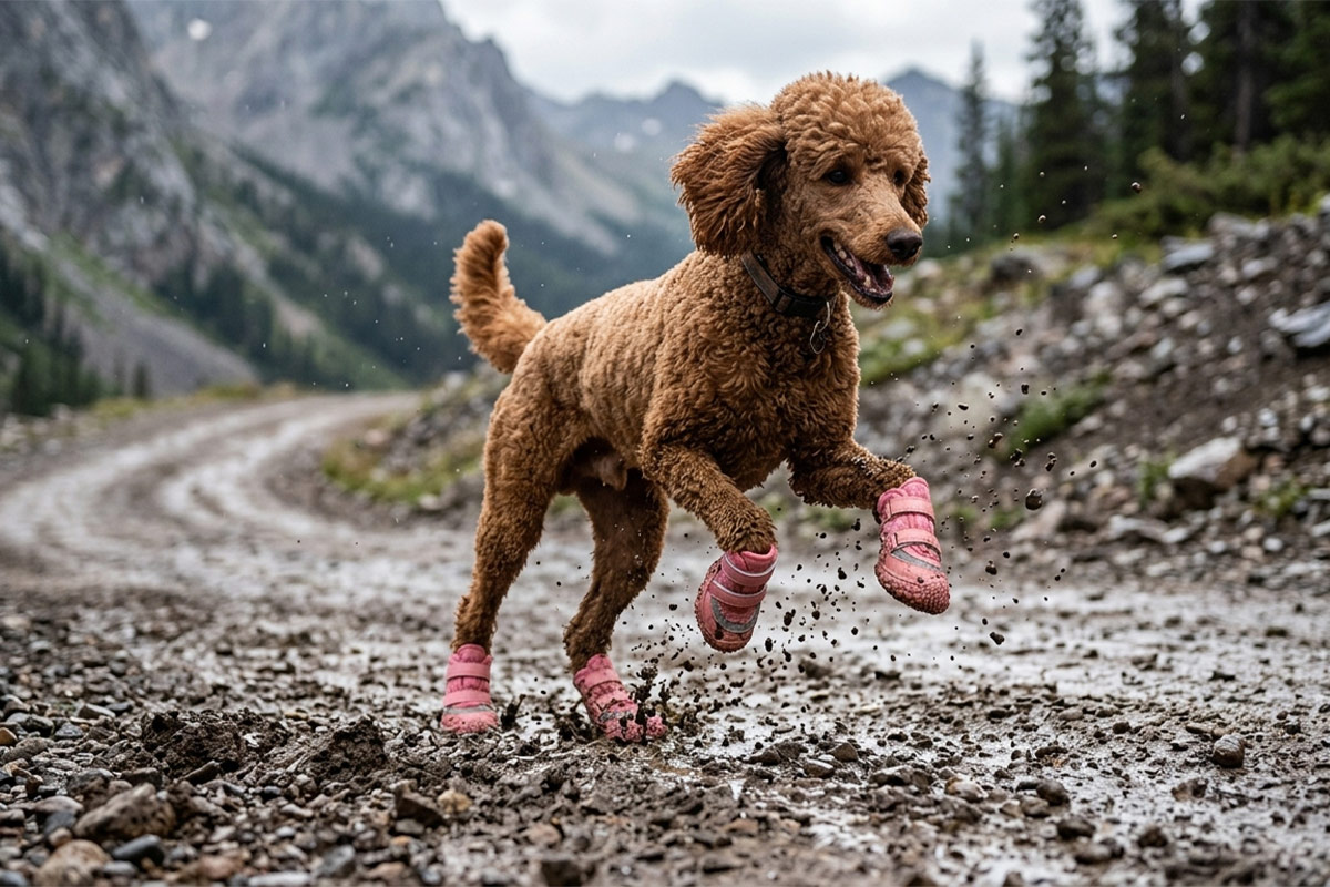 A small white Maltese dog pacing forward over a wet park walkway asphalt path wearing pink water resistant small dog shoes.