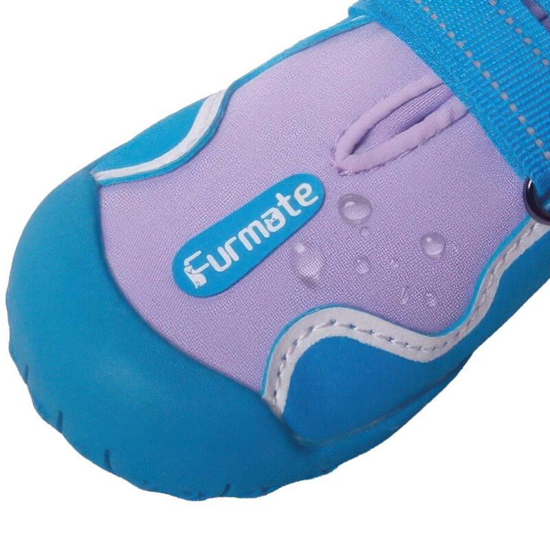 Hydrophobic Elastic Upper Fabric Moisture Test Macro view of moisture droplets beading flawlessly on the upper panel of purple water-resistant sports dog shoes.