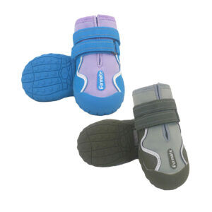 Water-Resistant Sports Dog Shoes Color Options Front layout comparing lavender blue and dark green water-resistant sports dog shoes illustrating non-stiff athletic panel placement.