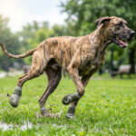 A brindle Great Dane bounding through muddy grass puddles wearing green water-resistant sports dog shoes.