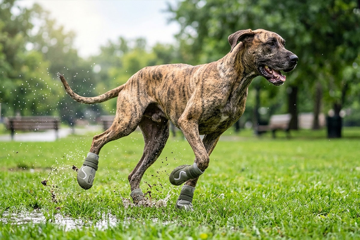 A brindle Great Dane bounding through muddy grass puddles wearing green water-resistant sports dog shoes.