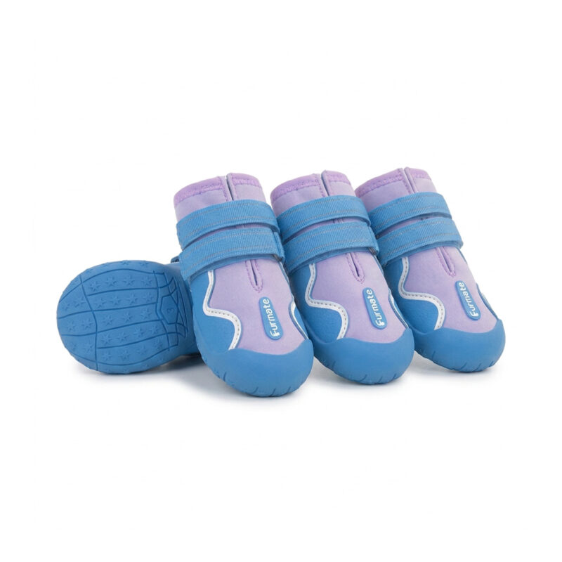 Purple Water-Resistant Sports Dog Shoes Trio Lavender purple and blue water-resistant sports dog shoes showcasing sleek four-way stretch uppers and matching blue outsoles.