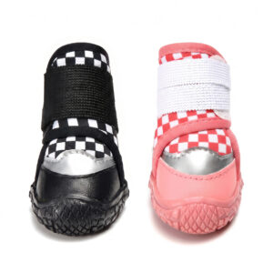 Waterproof Warm Walking Dog Shoes Color Options Front view comparison showing red checker and retro black checker water-resistant warm walking shoes with silver toe guards.